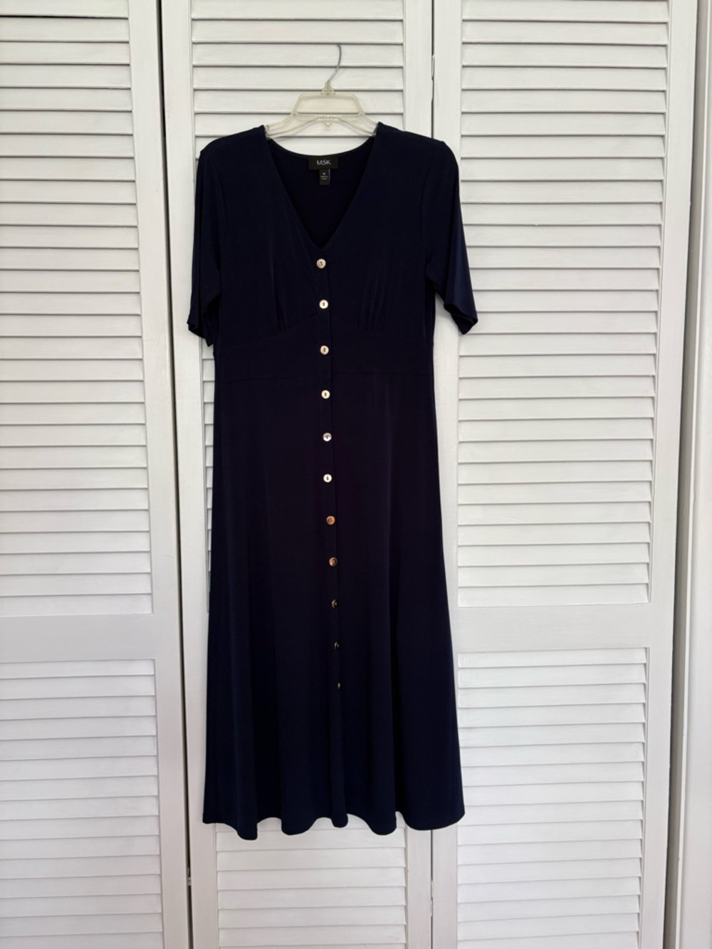 Navy maxi dress with gold buttons